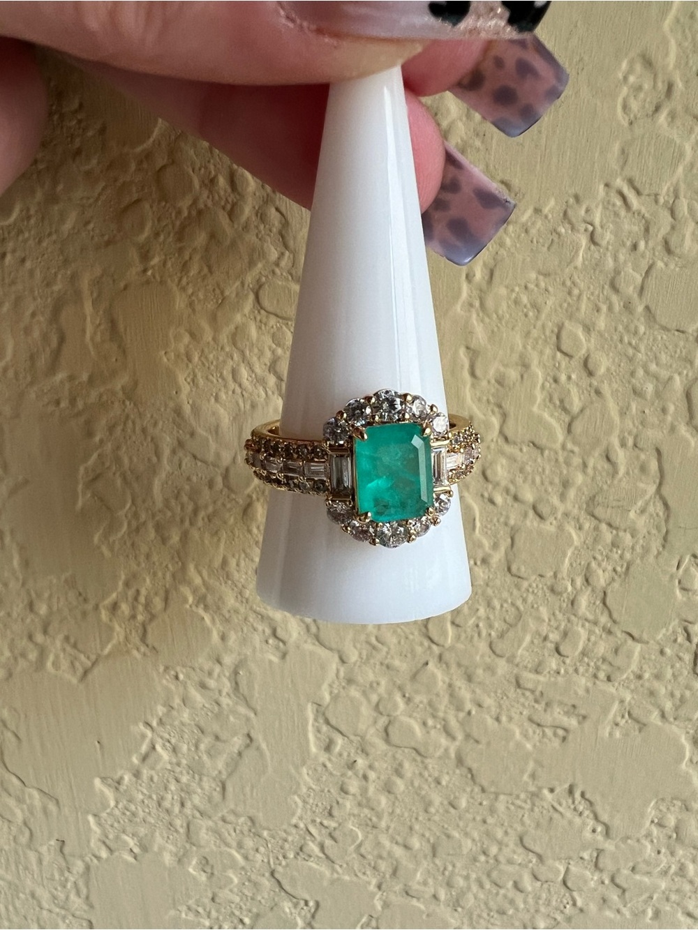 Emerald Halo Gold Ring with Pavé Accents